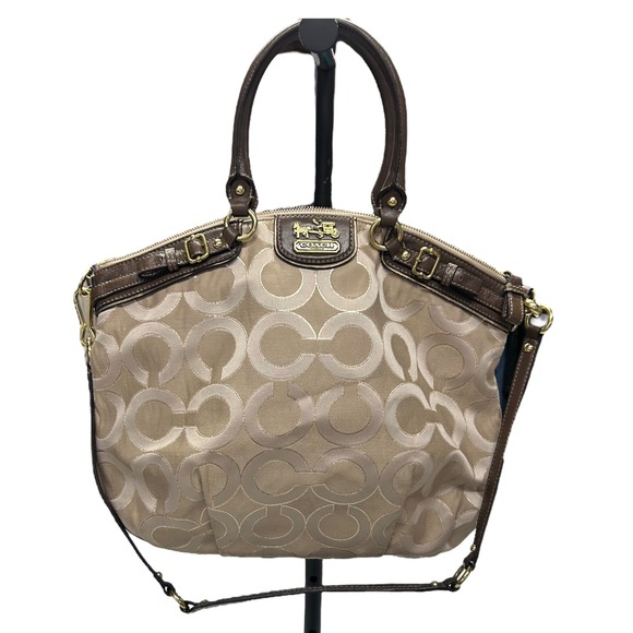 Vintage Coach Signature Jacquard Satchel Brown Leather Trim Y2K Shoulder Purse - Picture 1 of 11